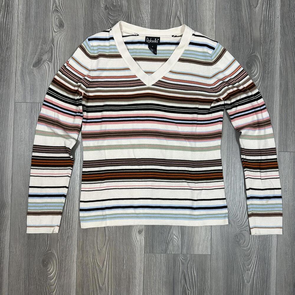 Rafaella Beige Vneck Sweater with‎ Colorful Stripes